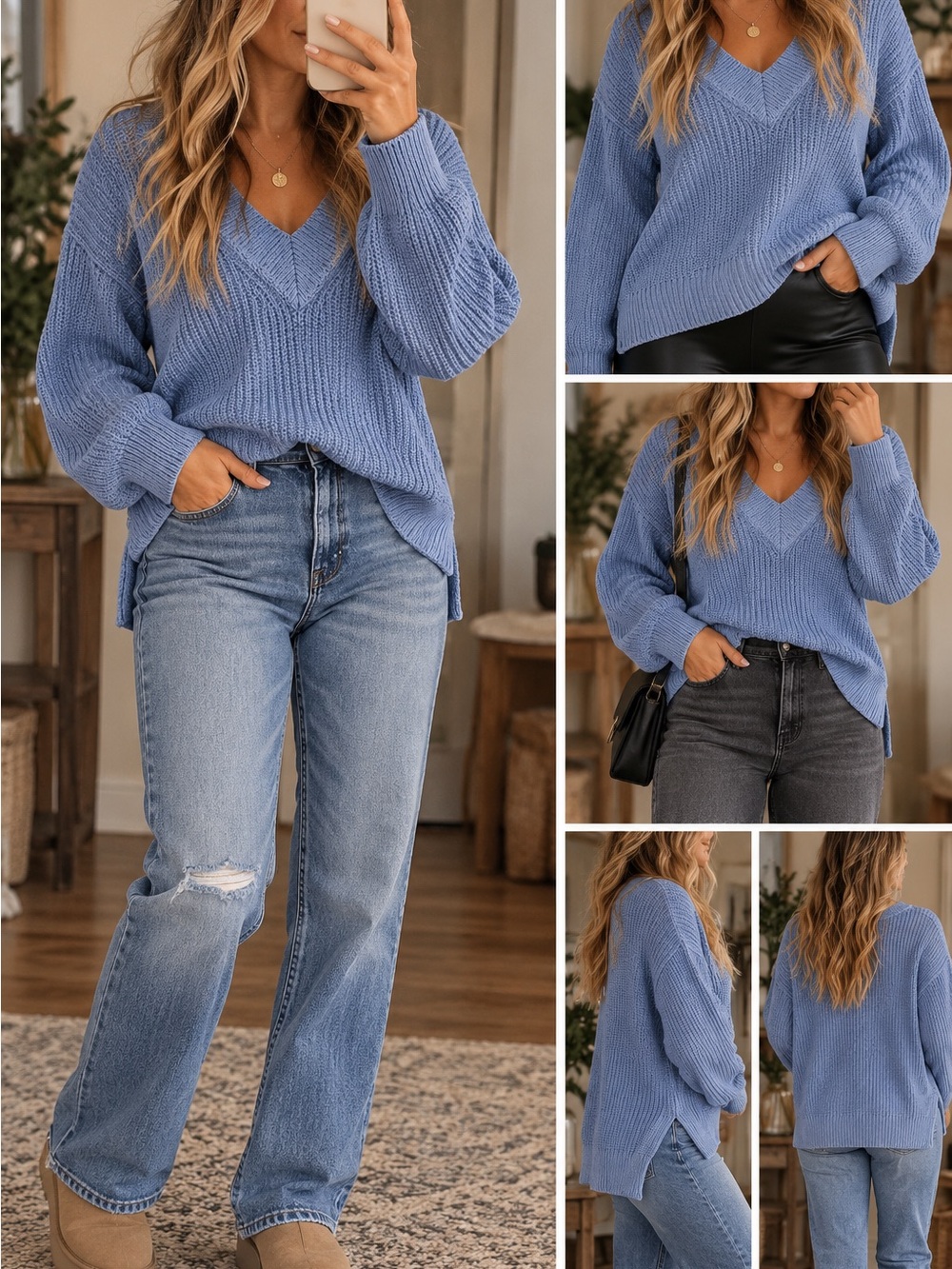aerie Light Blue V-Neck Chunky Knit Sweater